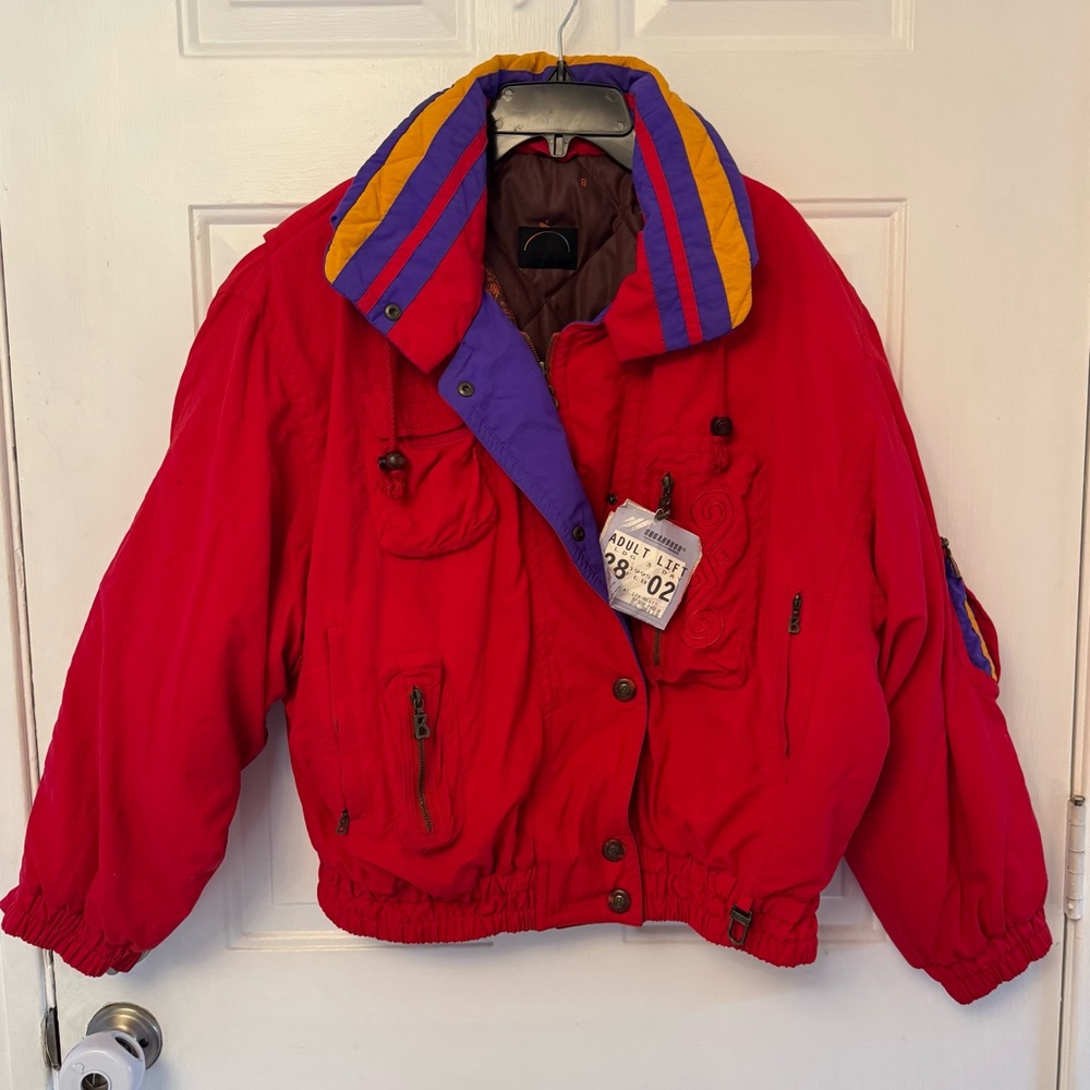 Vintage 90s Bright Red Bogner Ski Jacket - Colorblock Collar - Goose Down